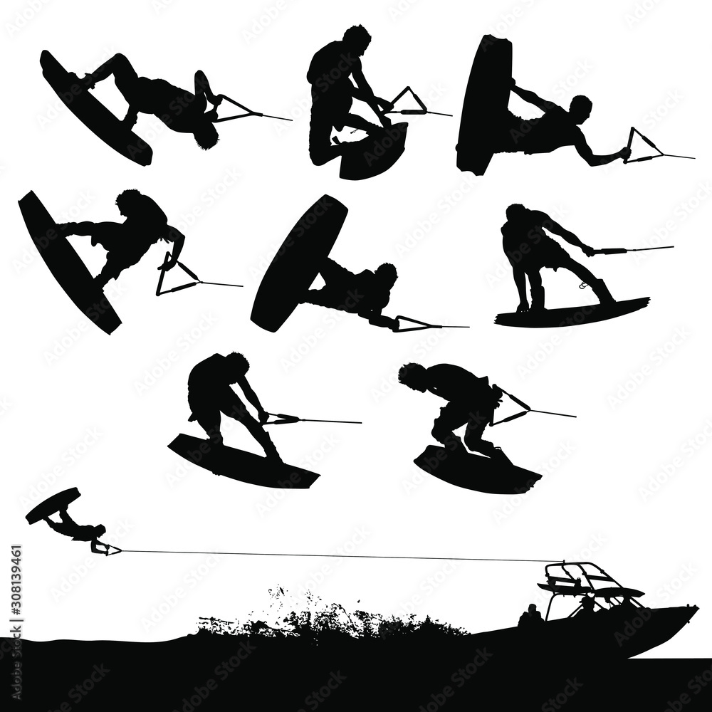 Vector wakeboarding silhouettes of in-air action and a boat pulling a wakeboarder. - obrazy, fototapety, plakaty 