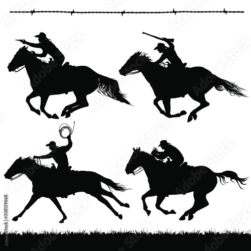 Cuadros en Lienzo Vector silhouettes of outlaws, lawmen or cowboys running on horses