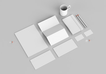 Wall Mural - Base white stationery mockup template for branding identity on gray background for graphic designers presentations and portfolios. 3D rendering.