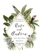 Tropical Vintage Floral Palm Trees, Leaves, Toucan And Animals Wedding Invitation. Geometric Vector Card.