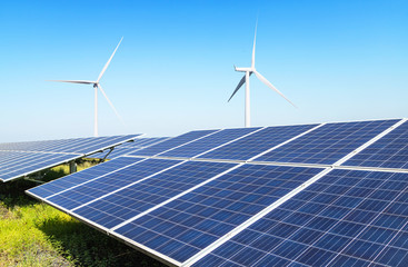 Wall Mural - solar panels and wind turbines generating electricity is solar energy and wind energy in hybrid powe