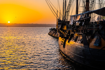 hms surprise ship, a tall modern replica of hms rose docked at maritime museum on the waterfront har