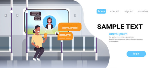 subway passenger using smartphone social network chat bubble communication concept woman chatting with friend online mobile app public transport underground tram interior portrait horizontal vector