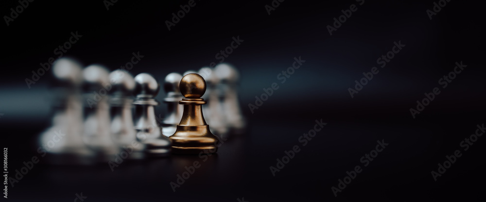 Gold pawn of chess. Unique, Think different, Individual and standing out from the crowd concept. Panoramic image - obrazy, fototapety, plakaty 