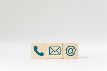 Fototapete - Wooden block cube symbol telephone, email, address. Website page contact us or e-mail marketing concept