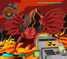 First Person Shooter Videogame Aiming Nuclear Weapon To A Devil Monster In Hell 