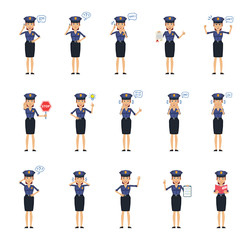 Wall Mural - Big set of policewoman characters showing different actions, gestures, emotions. Cheerful police officer talking on phone, holding stop sign, book and doing other actions. Simple vector illustration