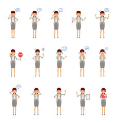 Wall Mural - Big set of business woman characters showing different actions, gestures, emotions. Cheerful woman talking on phone, holding stop sign, document and doing other actions. Simple vector illustration