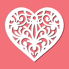 Wall Mural - Openwork heart with a lace ornament. Laser cut template. Happy Valentine's Day sign, icon of love symbol. Vector silhouette of beautiful element. Cutting illustration isolated on red background.