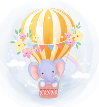 Cute Elephant Flying With Air Balloon