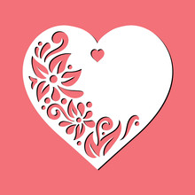 Openwork Heart With A Lace Ornament. Laser Cut Template. Happy Valentine's Day Sign, Icon Of Love Symbol. Vector Silhouette Of Beautiful Element. Cutting Illustration Isolated On Red Background.