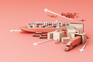 3D rendering of the crate box surrounded by cardboard boxes, a cargo container ship, a flying plan, a car, a van and a truck on pink background