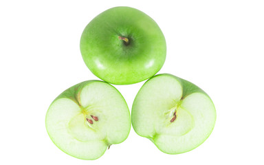 Top view of fresh green apple with slices isolated on white background with clipping path