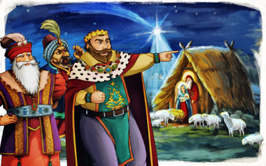 religious illustration three kings - and holy family - traditional scene - illustration for children