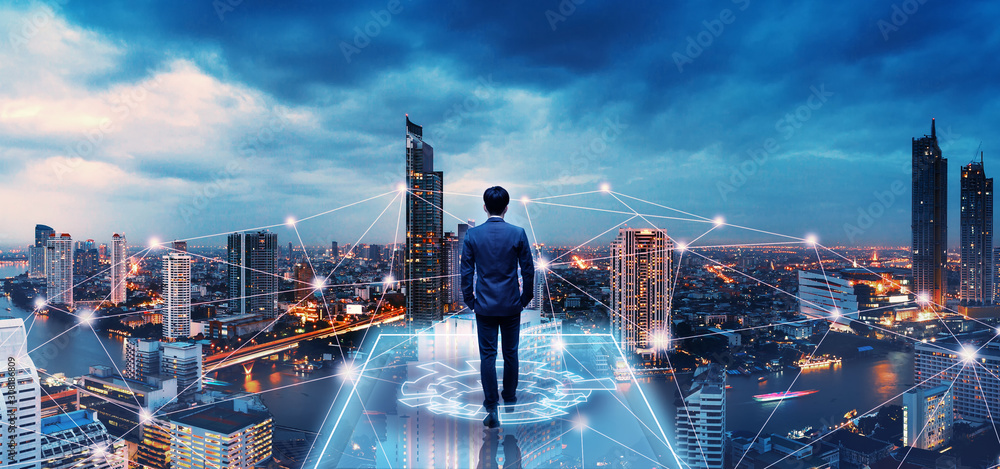 Business man on future network city - obrazy, fototapety, plakaty 