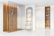 Wood And White Bathroom With Shower Stall