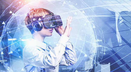woman in vr glasses working with global network