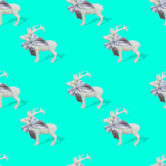  Seamless pattern made with various reindeers for Christmas and New Year on bright turquoise or aquamarine background with strong shadows
