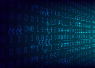 Binary numeral system with modern circuit technology on dark blue gradients background.