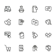 Poster - Mobile shopping line icon set. Set of line icons on white background. Paper packet, mark, star. Online shopping concept. Vector illustration can be used for topics like technology, apps