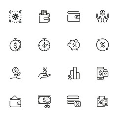 Sticker - Money investing line icon set. Set of line icons on white background. Banking concept. Piggy bank, percent, purse. Vector illustration can be used for topics like investment, money, economy