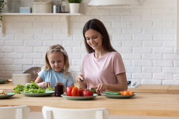 Wall Mural - Daughter helps young mother cook healthy dinner