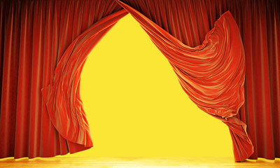 Wall Mural - empty theater stage with moving red velvet curtains. isolated, 3d illustration