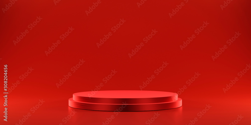 Pedestal of platform display with modern stand podium on red room background. Blank Exhibition stage backdrop or empty product shelf. 3D rendering. - obrazy, fototapety, plakaty 