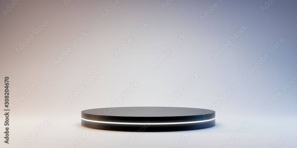 Black Pedestal of platform display with neon modern stand podium on white room background. Blank Exhibition stage backdrop or empty product shelf. 3D rendering. - obrazy, fototapety, plakaty 