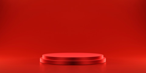 pedestal of platform display with modern stand podium on red room background. blank exhibition stage