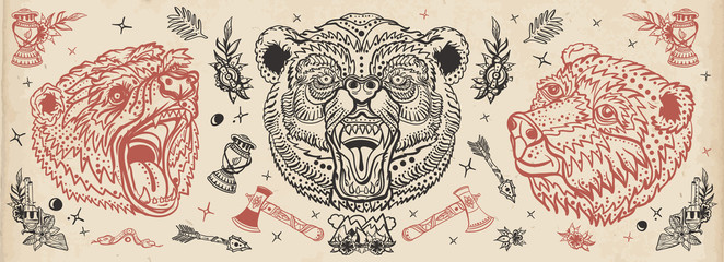 Wall Mural - Bear head. Vintage old school tattoo collection. Aggressive grizzly, traditional tattooing style