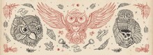 Owls Heads. Vintage Old School Tattoo Collection. Fairy Tale Art. Magic Birds, Traditional Tattooing Style