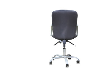 The back view of office chair from grey textile isolated over white