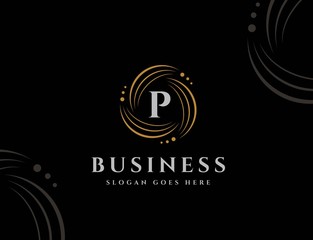 Wall Mural - Royal circle gold orbit with dots initial letter P logo design vector graphics