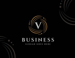 Wall Mural - Royal circle gold orbit with dots initial letter V logo design vector graphics