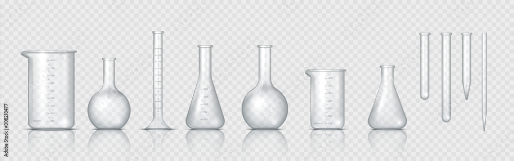 Laboratory glassware. Realistic lab beaker, glass flask and other chemical containers, 3D measuring medical equipment. Vector set tool for chemistry experiments or biotechnology testing - obrazy, fototapety, plakaty 