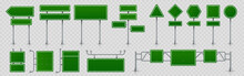 Highway Signs. Green Pointers On The Road, Traffic Control Signs And Road Direction Signboards. Vector Illustration Information Empty Roadside Signs Set On Transparent Background