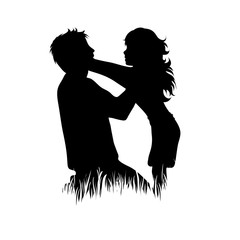 Canvas Print - Vector silhouette of couple walking in the grass on white background. Symbol of girl, boy, wife, husband, walk, sport, people, nature, park.