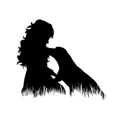 Poster - Vector silhouette of child with dog in the grass on white background. Symbol of girl, play, game, pet, animal, friends, infant, childhood, nature, park, garden.