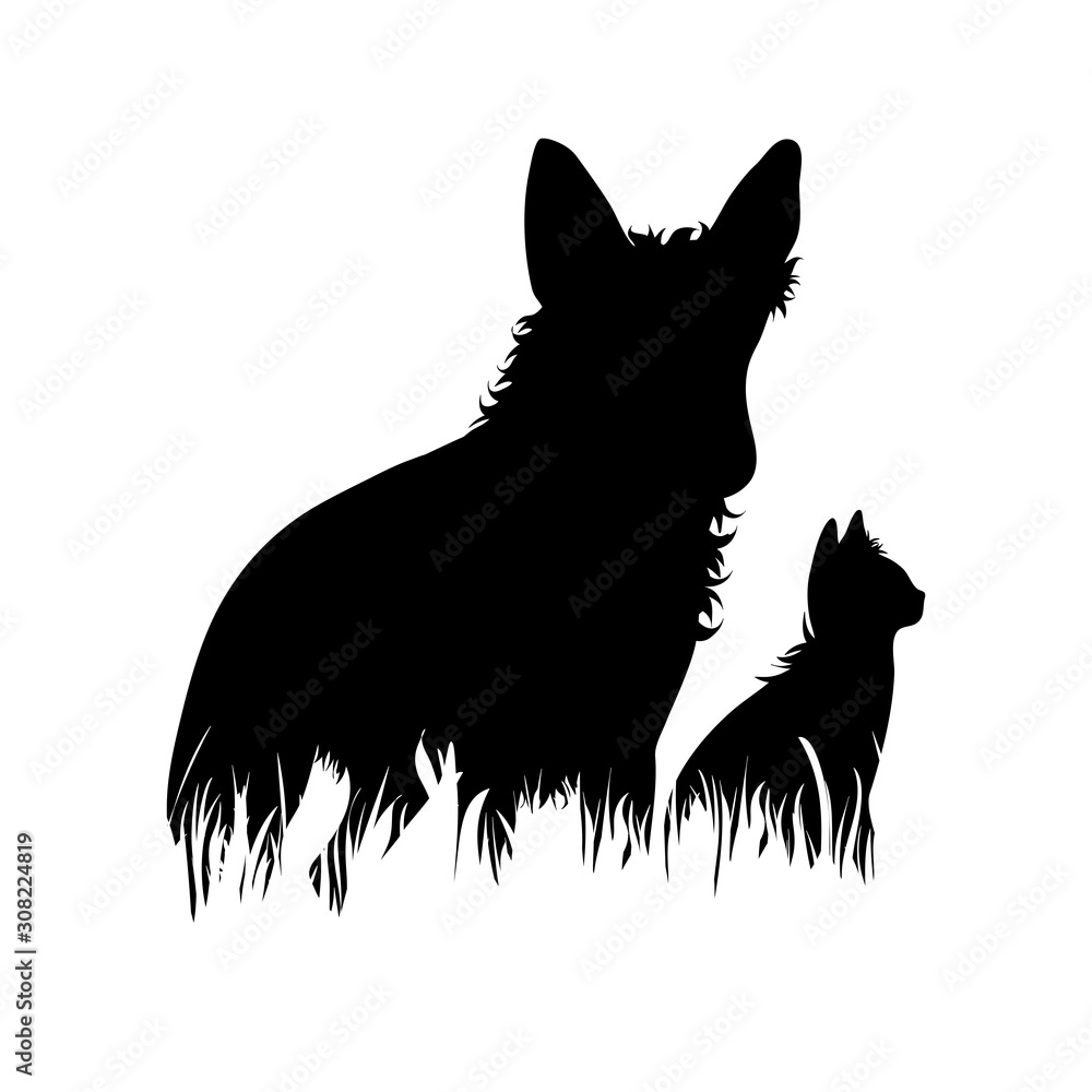 Vector silhouette of dog and cat in the grass on white background ...