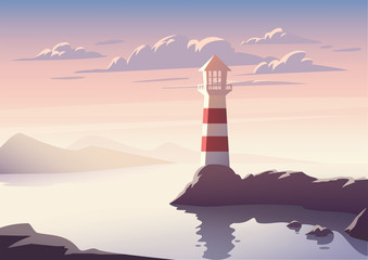 Wall Mural - vector landscape with lighthouse illustration. sunset at sea.