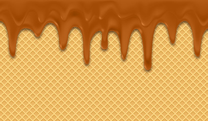 Canvas Print - Background with melting chocolate on wafer. Brown cream.