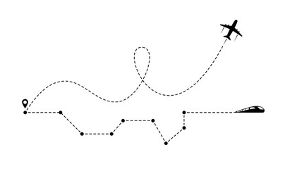 Poster - airplane line path icon of airplane flight route and train railway with start point.