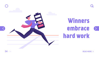 Challenge for Job Leadership Website Landing Page. Exhausted Businessman Running on Stadium with Huge Battery with Red Low Energy Indicator in Hands Web Page Banner. Cartoon Flat Vector Illustration