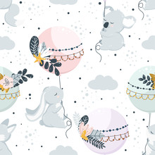 Seamless Pattern With Flying Animals On Balloons - Vector Illustration, Eps