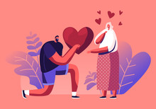 Loving Boyfriend Presenting Huge Heart To Girlfriend Standing On Knee On Happy Valentines Day. Man Making Proposal To Woman. Human Relations, Happiness Surprise Love Cartoon Flat Vector Illustration