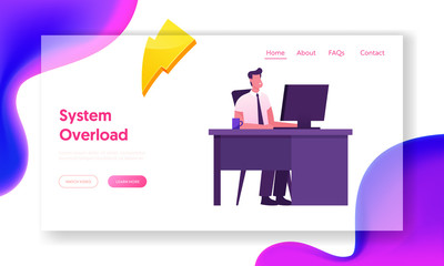 Wall Mural - Company Worker Sitting at Desk Work on Pc Website Landing Page. Business Man Working on Personal Computer at Office Workplace.Manager Occupation, Job Web Page Banner. Cartoon Flat Vector Illustration