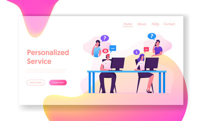 Wall Mural - hotline operators help clients solve problems website landing page. smiling friendly call center rec