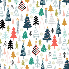 Winter Seamless Pattern With Christmas Trees, Spruce Woods On White Background. Surface Design For Textile, Fabric, Wallpaper, Wrapping, Giftwrap, Paper, Scrapbook And Packaging.