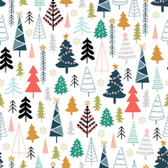 winter seamless pattern with christmas trees, spruce woods on white background. surface design for t
